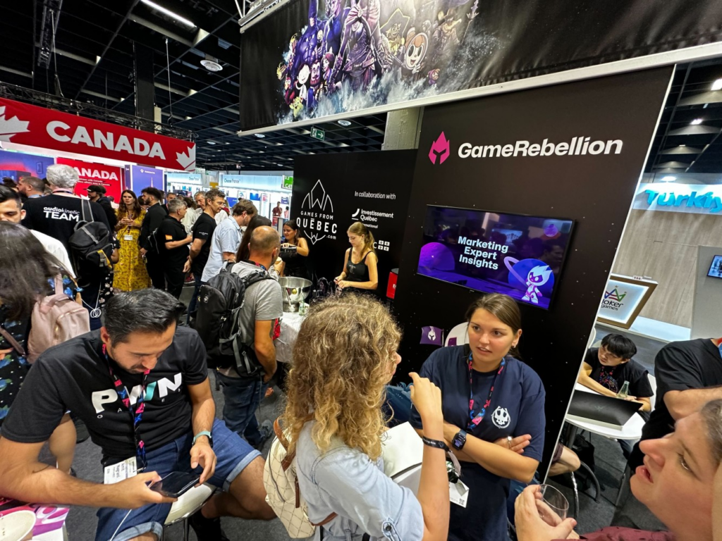 Guide to Game Marketing Success image taken at Gamescom 2023 of the GameRebellion booth